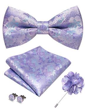 9168 Floral Pre-tied Lavender Bow Tie and Pocket Square Cufflinks Lapel Pin